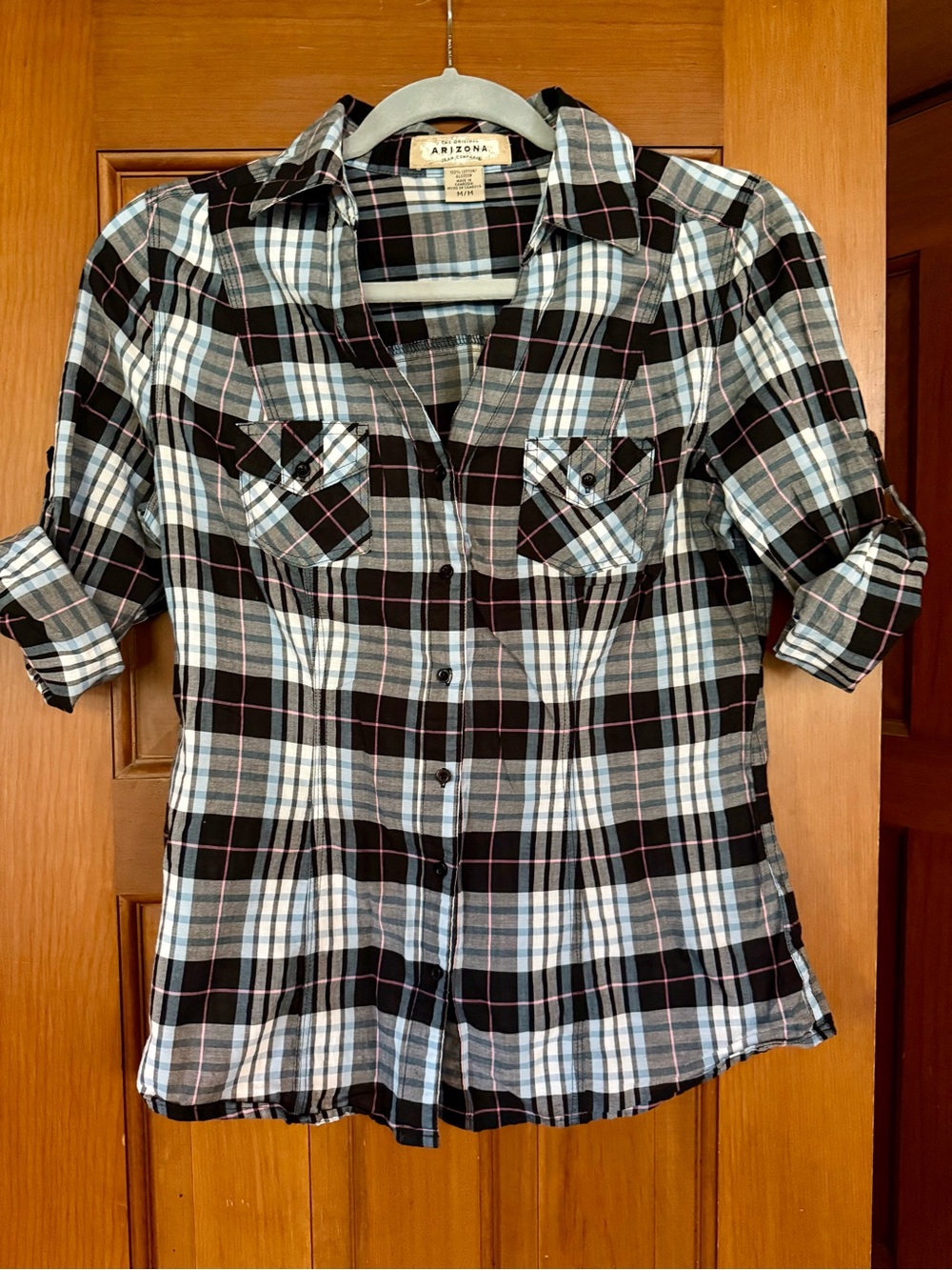 Arizona Plaid Button-Up Shirt in Black, White, pink & light blue